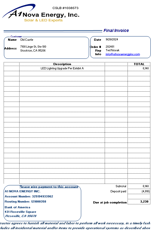 Old Castle LED Lighting Final Invoice - #202481